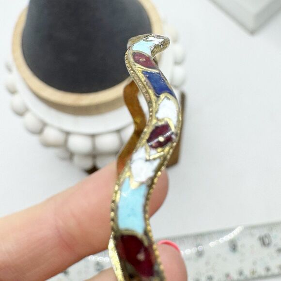 Vintage Enamel Bangle Bracelet Wavy Design Red Blue White Bohemian - Picture 8 of 9